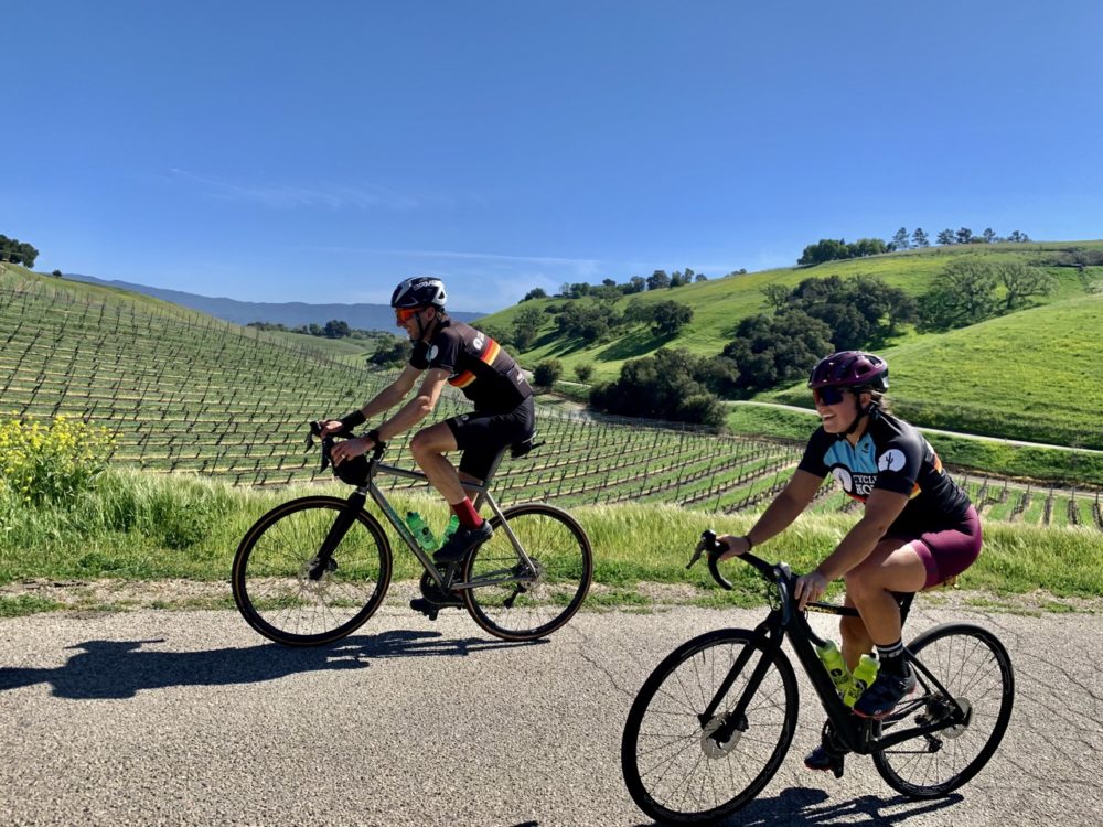 Riding our bikes through vineyards in California